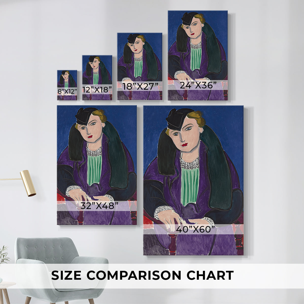 Size comparison chart for canvas art prints, showing multiple size options.