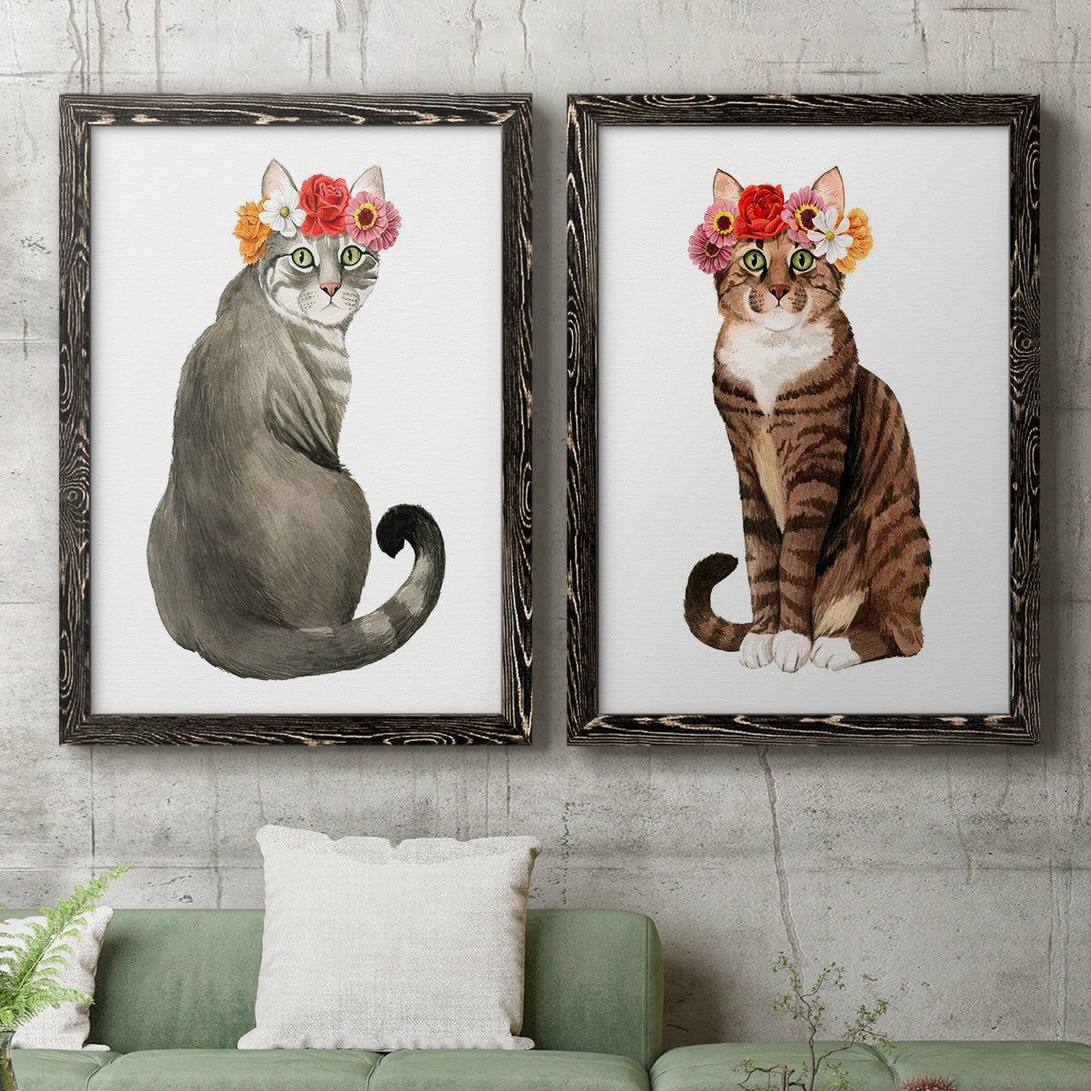 Flower Crown Cats I - Premium Framed Canvas 2 Piece Set - Ready to Hang