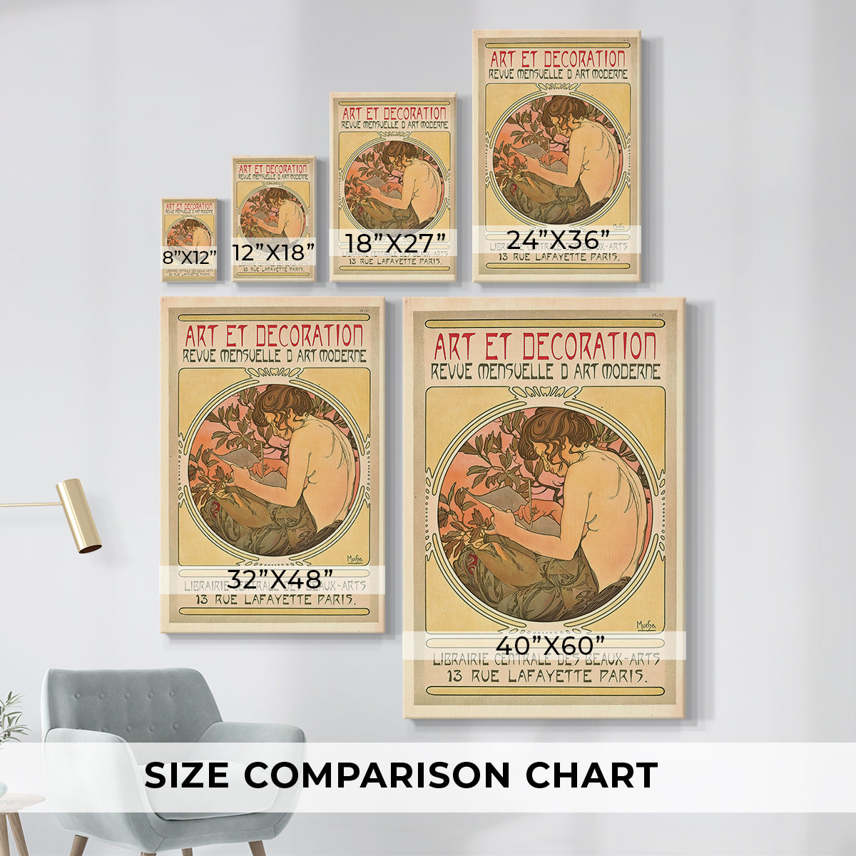 Size comparison chart for canvas art prints, showing multiple size options.