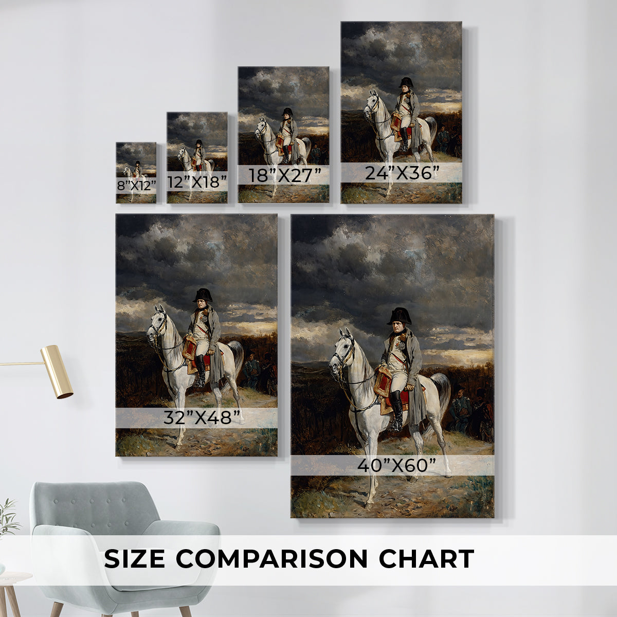 Size comparison chart for canvas art prints, showing multiple size options.