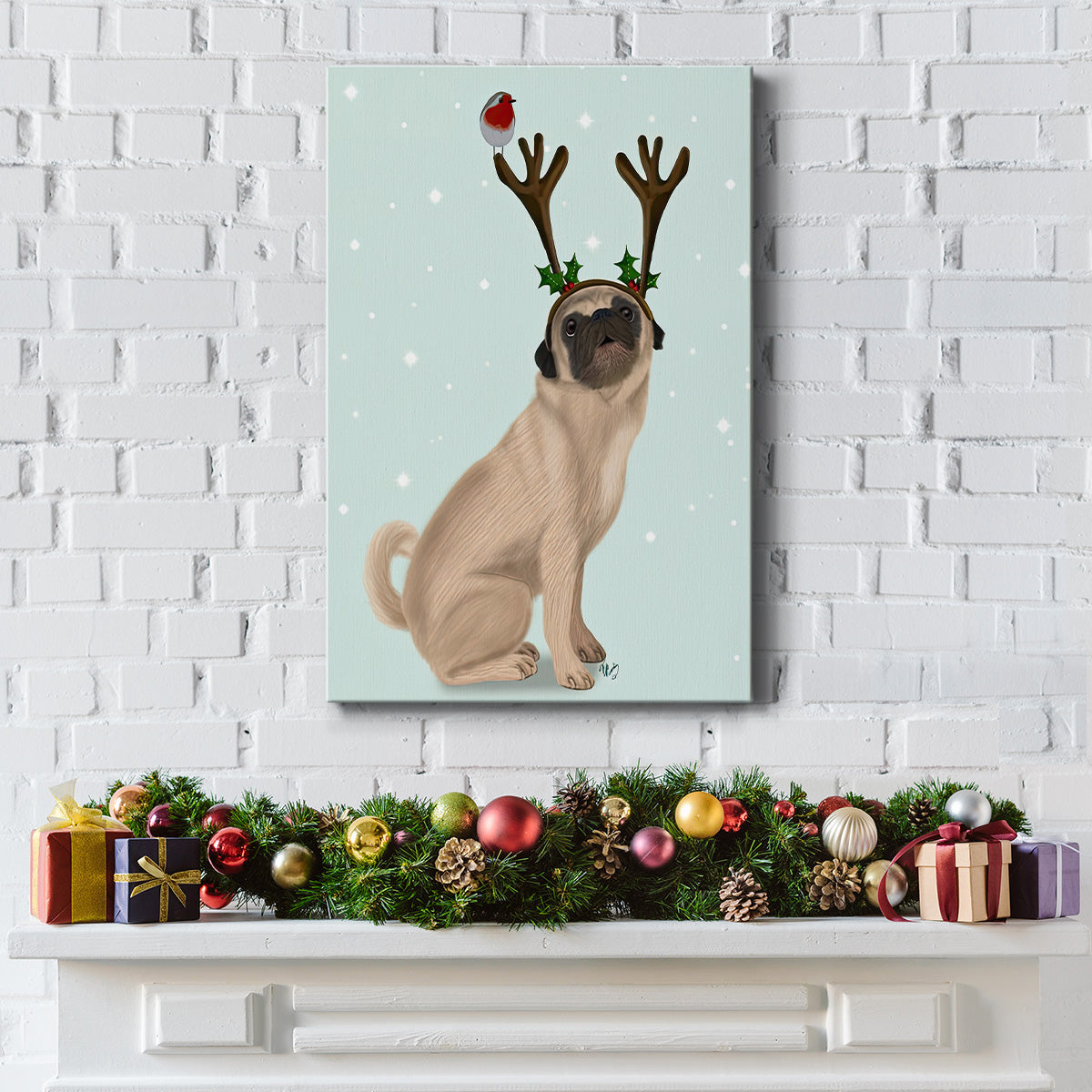 Christmas Pug with Antlers and Robin - Gallery Wrapped Canvas