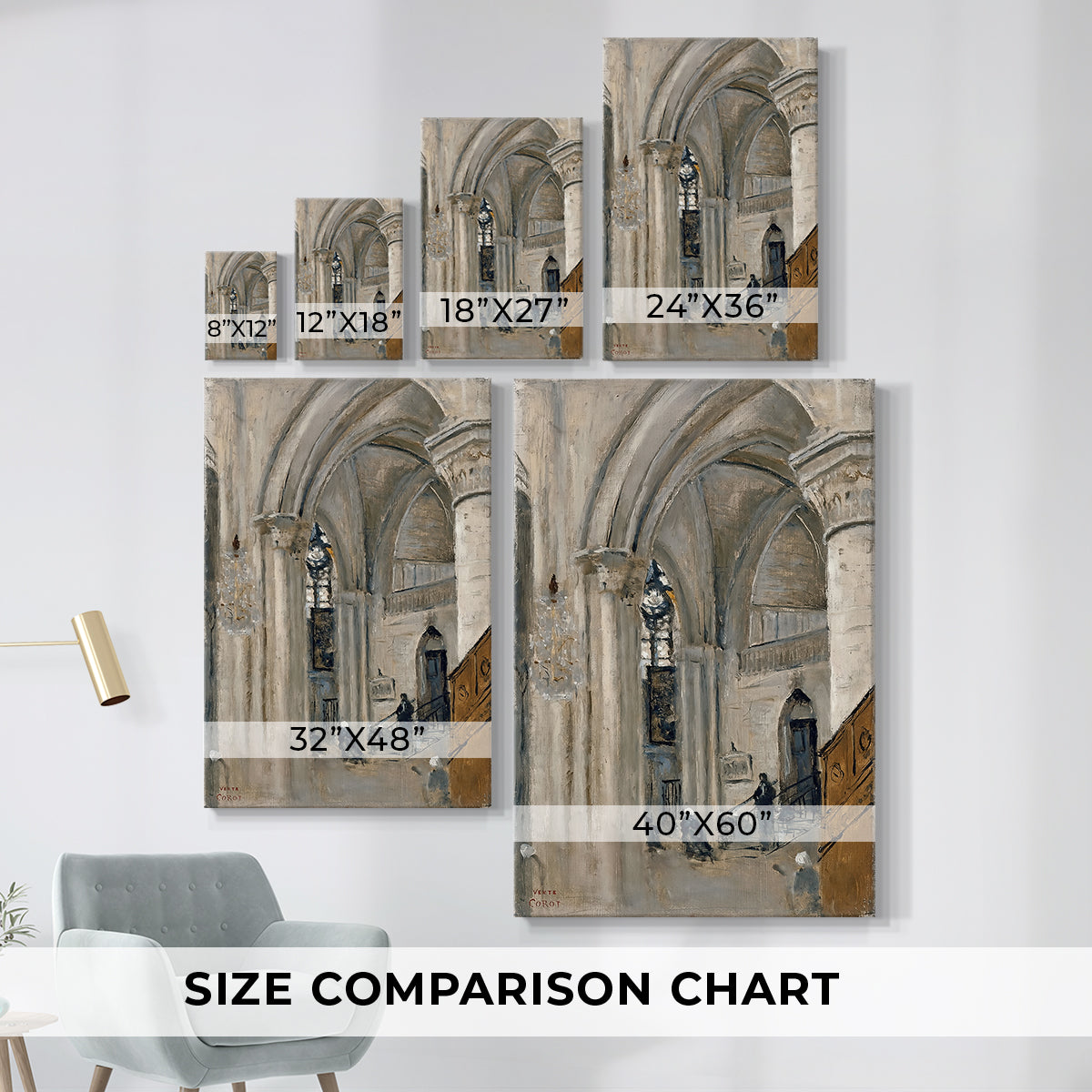 Size comparison chart for canvas art prints, showing multiple size options.
