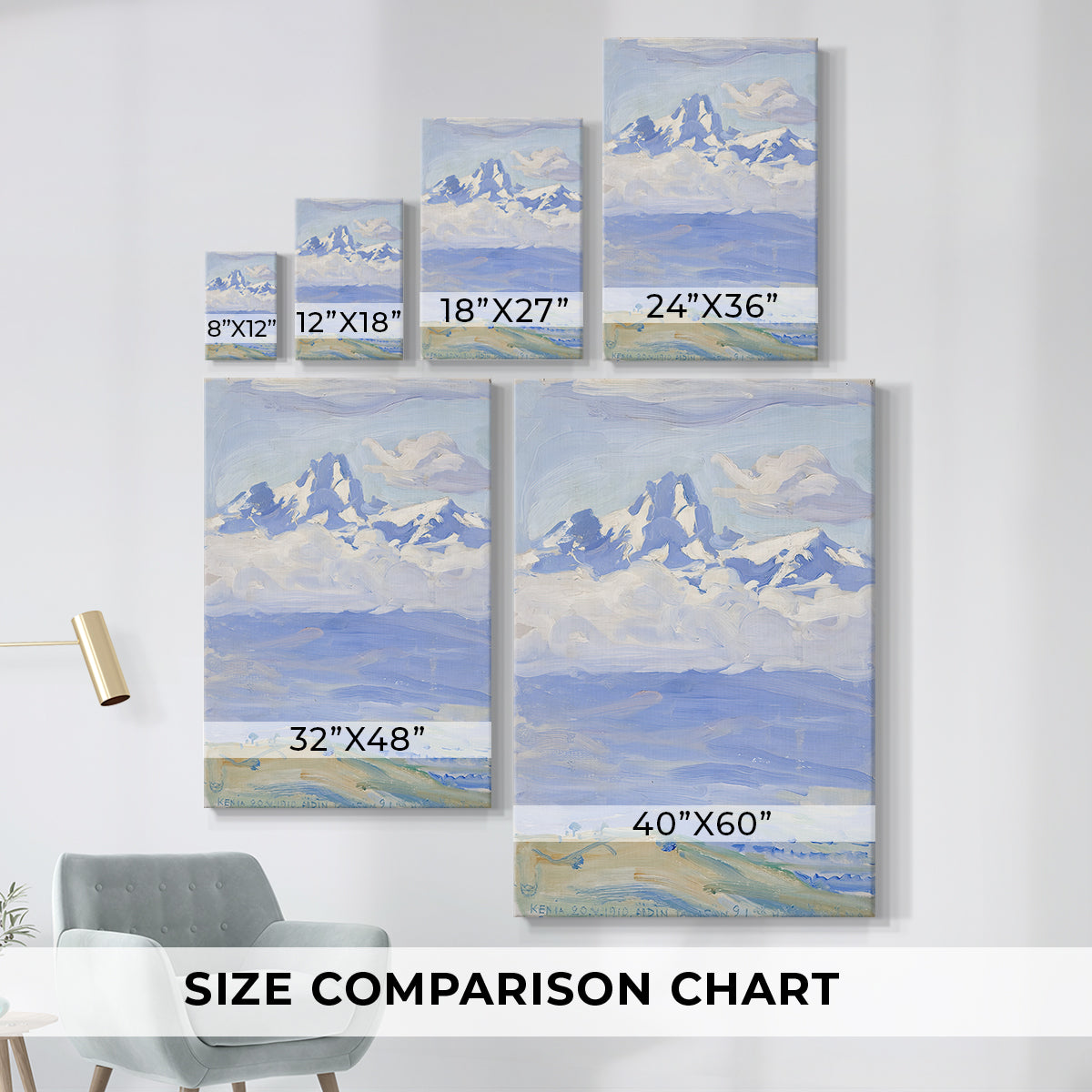 Size comparison chart for canvas art prints, showing multiple size options.