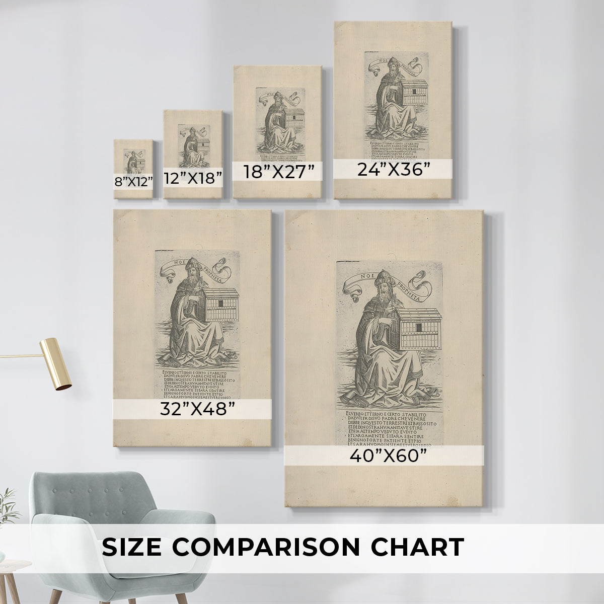 Size comparison chart for canvas art prints, showing multiple size options.