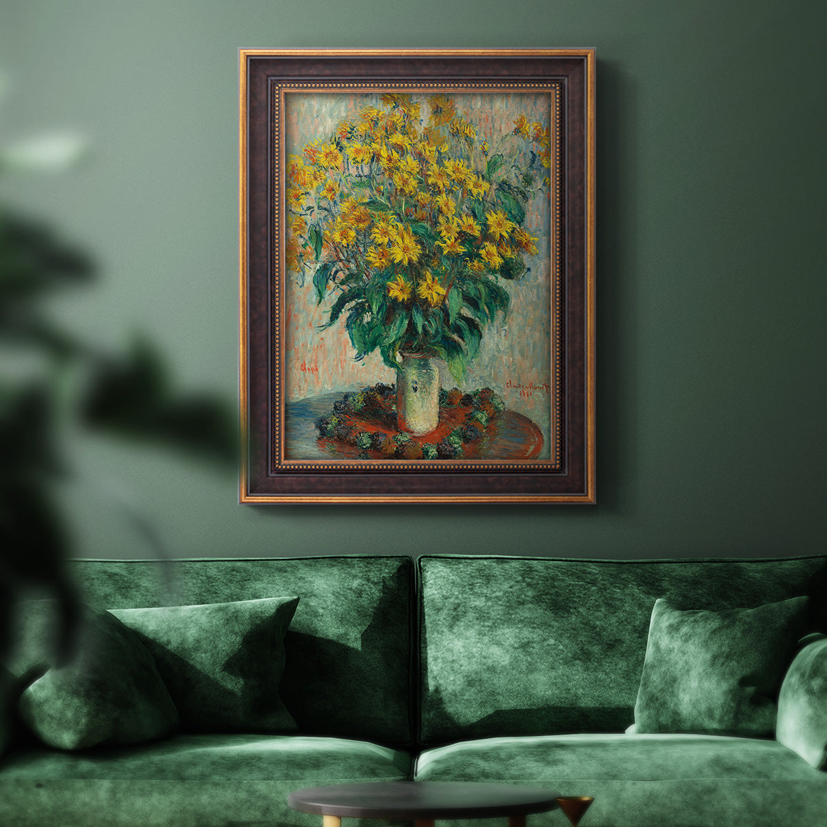 Impressionist floral painting of artichoke flowers by Claude Monet in an ornate bronzed mahogany wood frame displayed in a dark-toned interior setting.