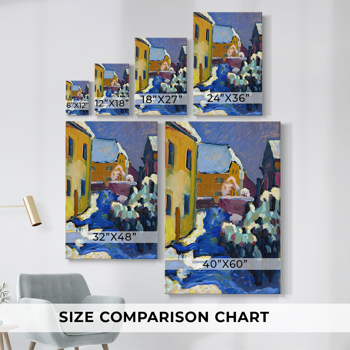 Size comparison chart for canvas art prints, showing multiple size options.