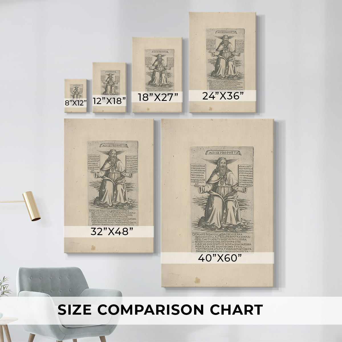 Size comparison chart for canvas art prints, showing multiple size options.