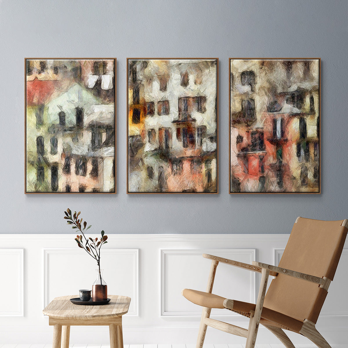 Stacked Houses I - Framed Premium Gallery Wrapped Canvas L Frame 3 Piece Set - Ready to Hang