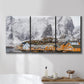 Three-panel canvas wall art featuring winter village street photography, displayed in a bathroom above a bathtub.
