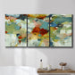 Three-panel canvas wall art featuring celebratory abstract color movement, displayed in a bathroom above a bathtub.
