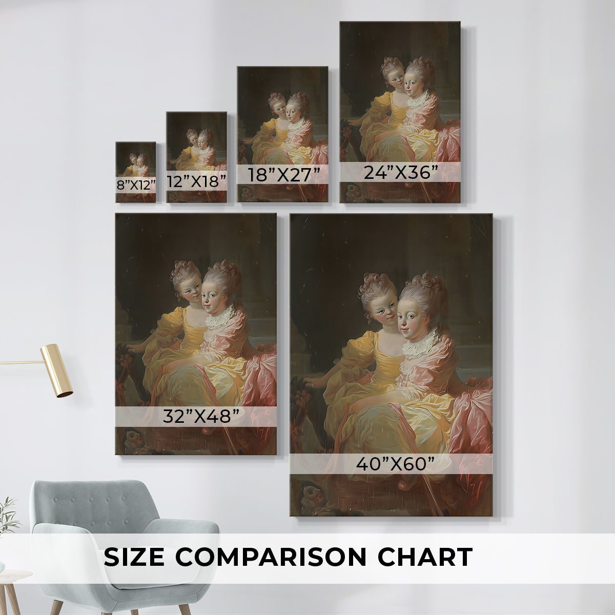 Size comparison chart for canvas art prints, showing multiple size options.