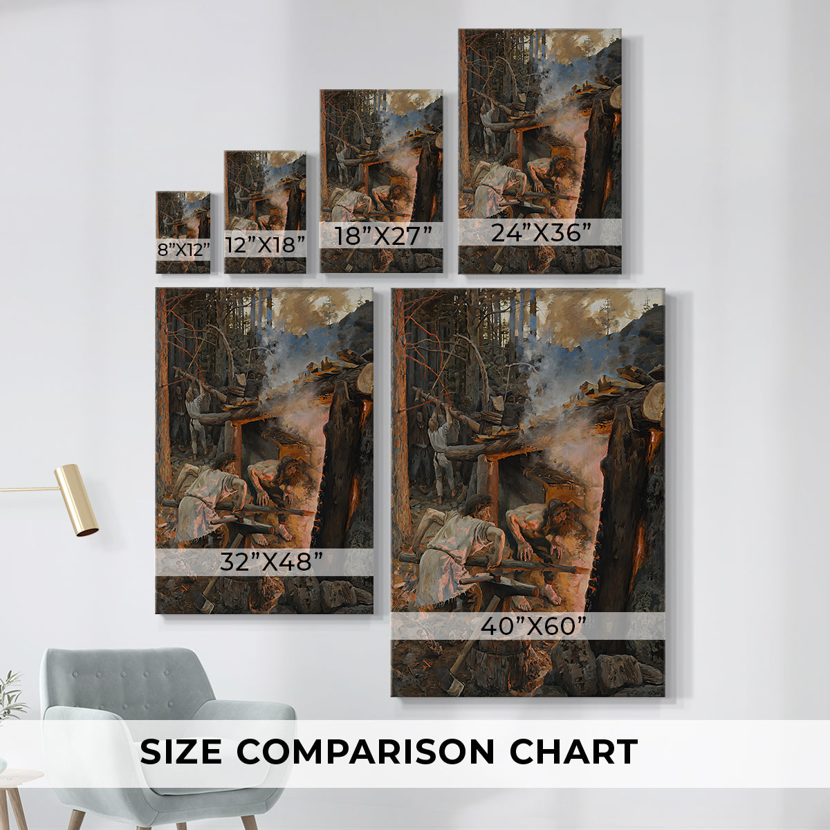 Size comparison chart for canvas art prints, showing multiple size options.