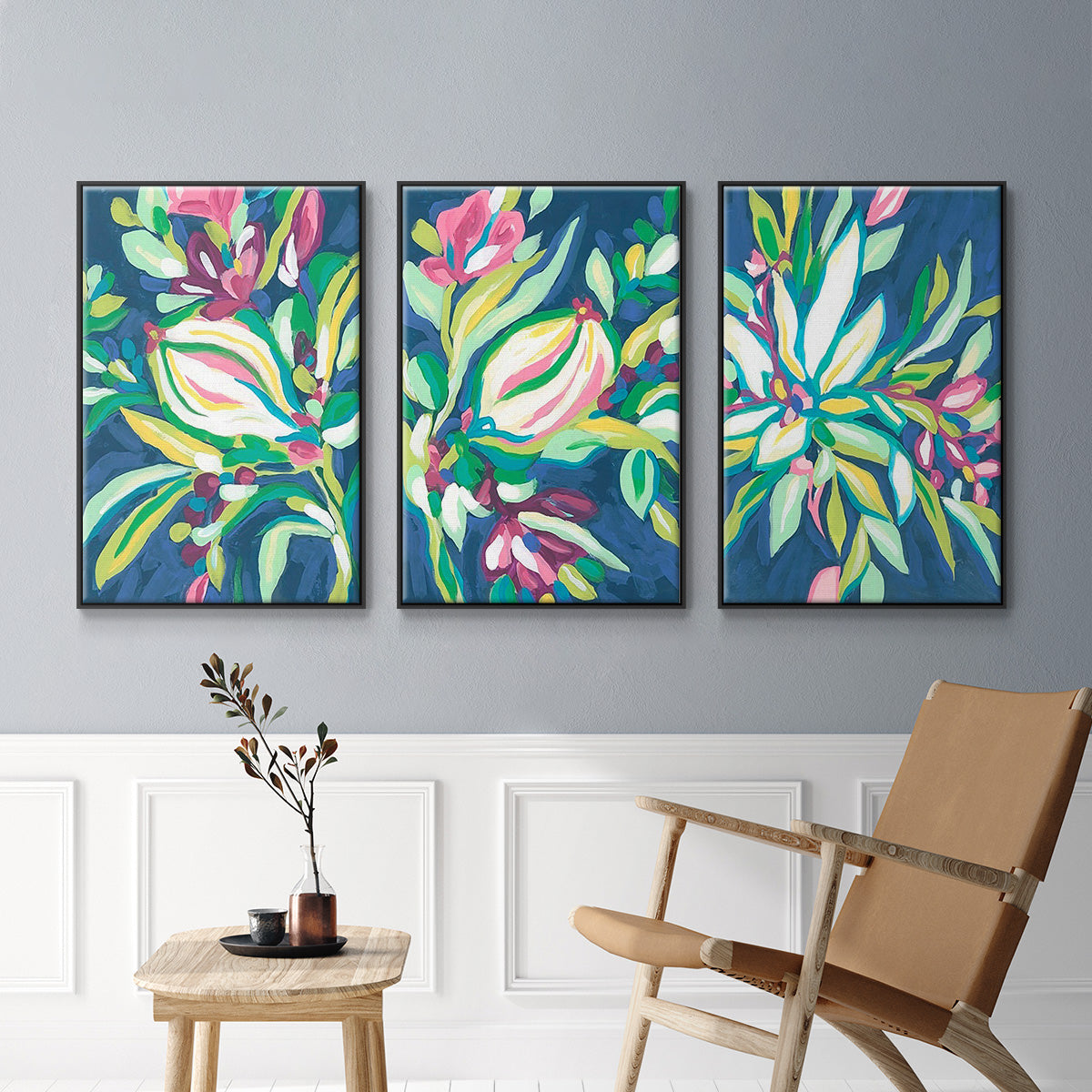 Blue Tropics I - Framed Premium Gallery Wrapped Canvas L Frame 3 Piece Set - Ready to Hang