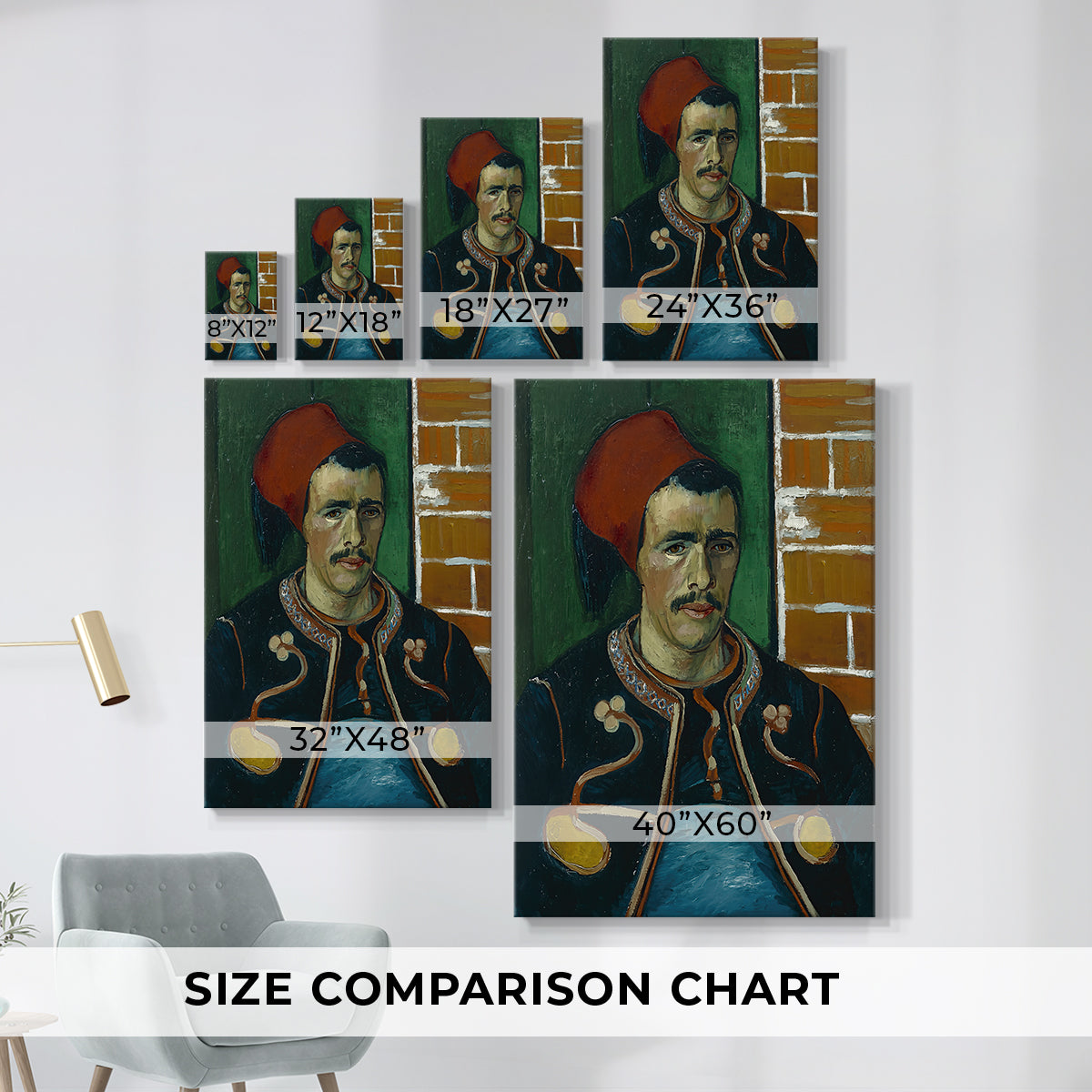 Size comparison chart for canvas art prints, showing multiple size options.