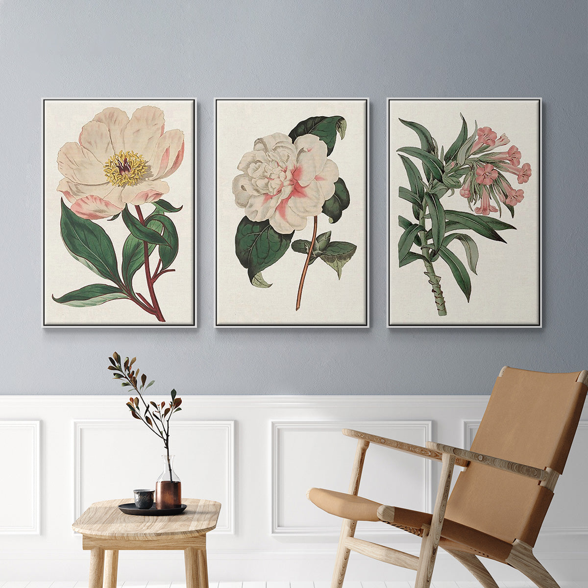 Pink Floral Mix VI - Framed Premium Gallery Wrapped Canvas L Frame 3 Piece Set - Ready to Hang