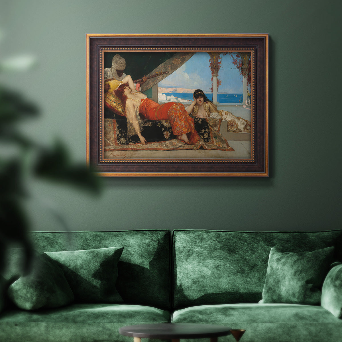 Orientalist portrait scene by Jean-Joseph Benjamin-Constant in an ornate bronzed mahogany wood frame displayed in a dark-toned interior setting.