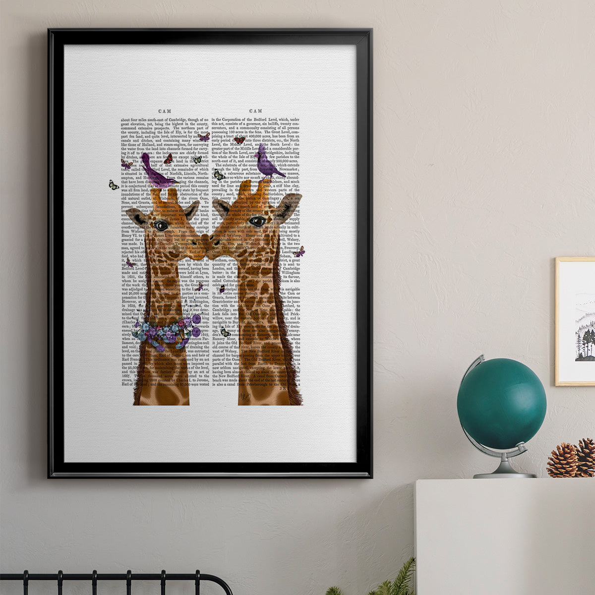 Kissing Giraffes with Birds - Modern Framed Canvas Print