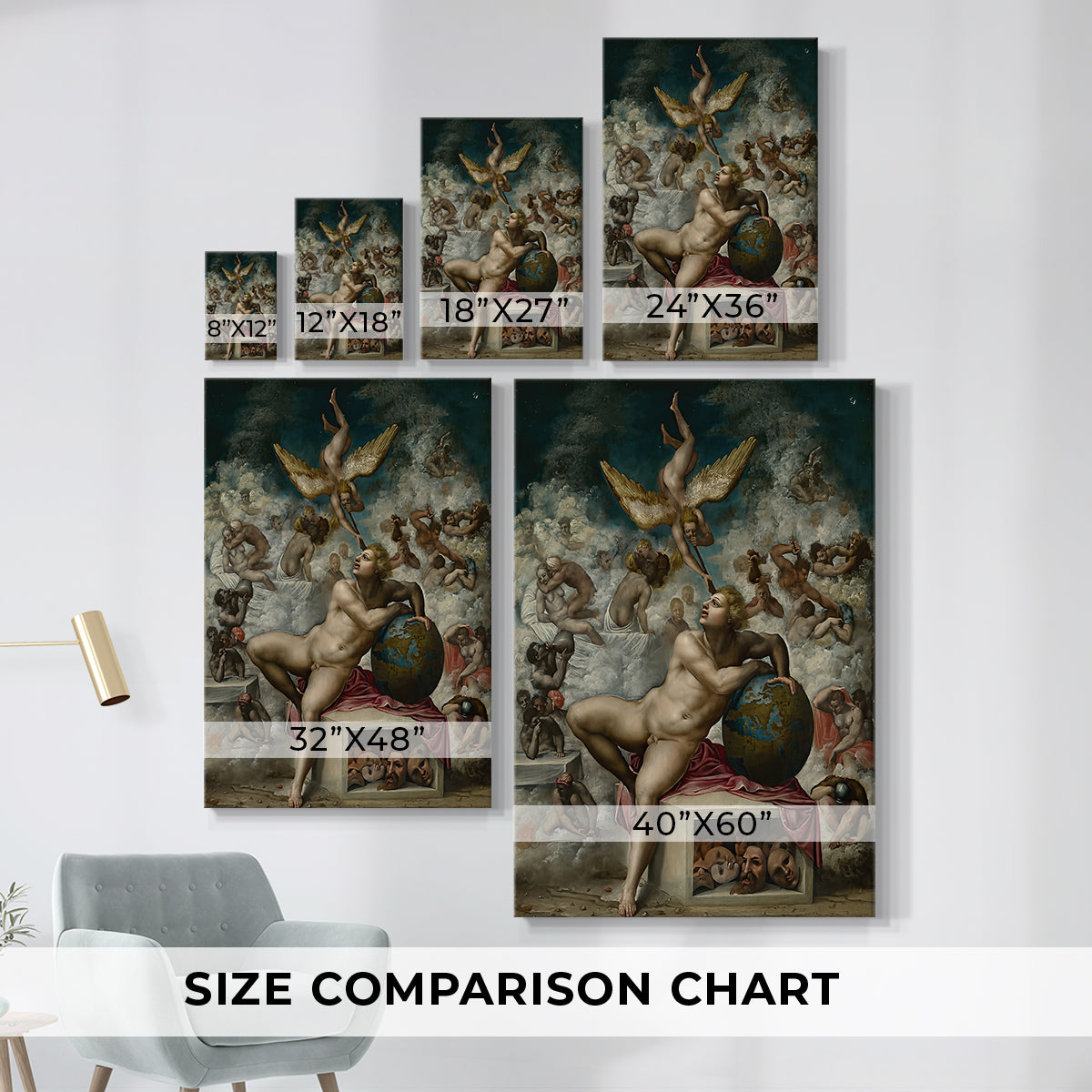 Size comparison chart for canvas art prints, showing multiple size options.