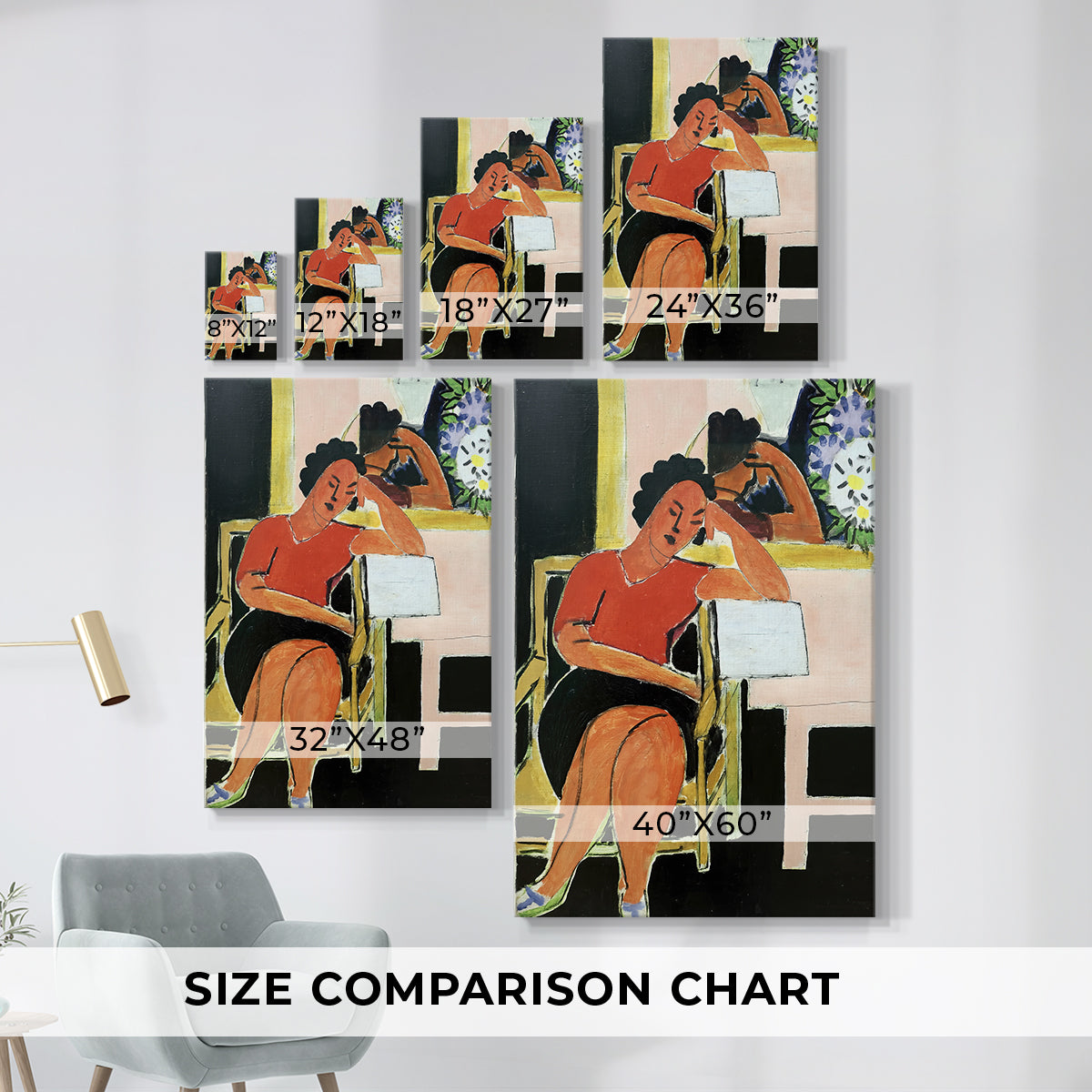 Size comparison chart for canvas art prints, showing multiple size options.
