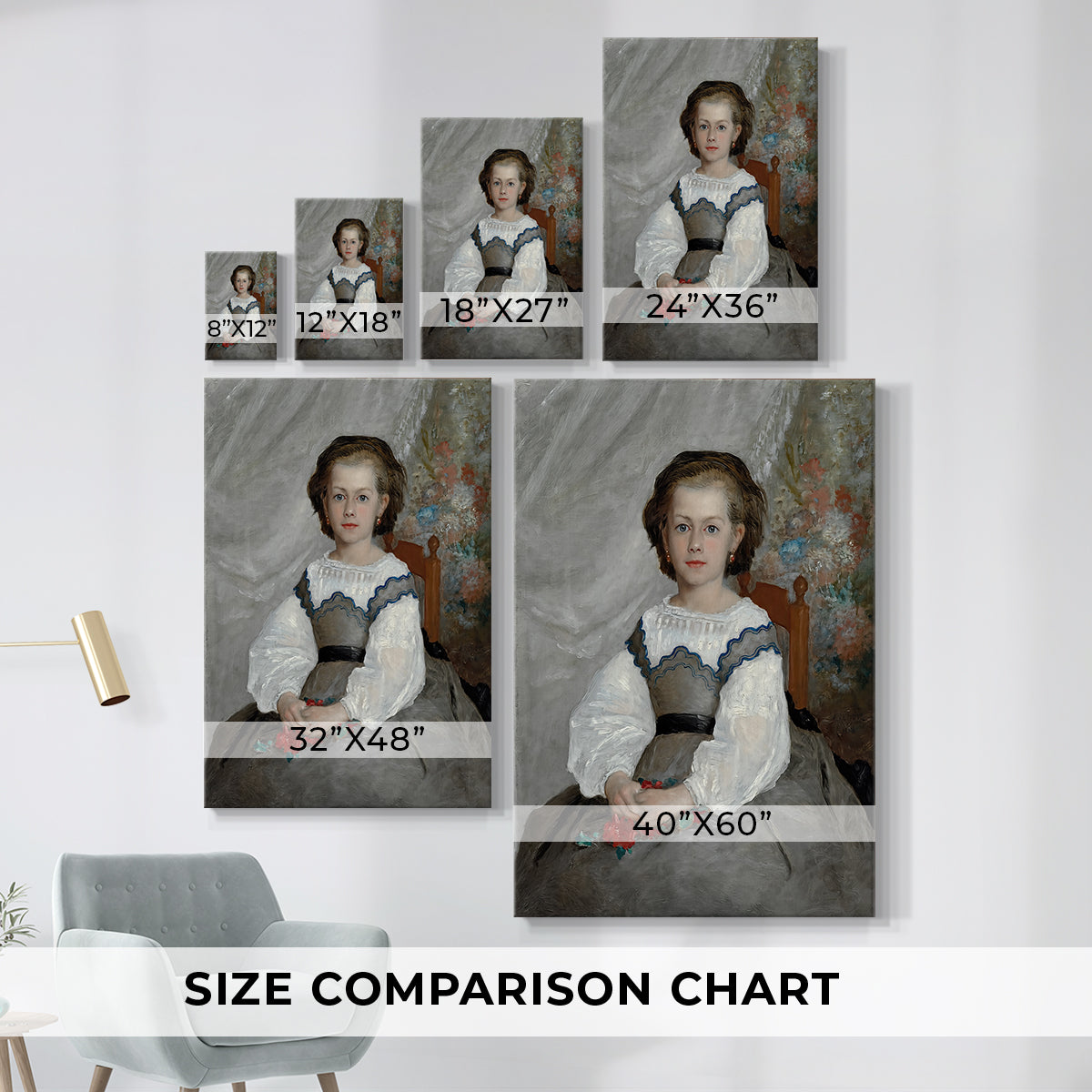 Size comparison chart for canvas art prints, showing multiple size options.
