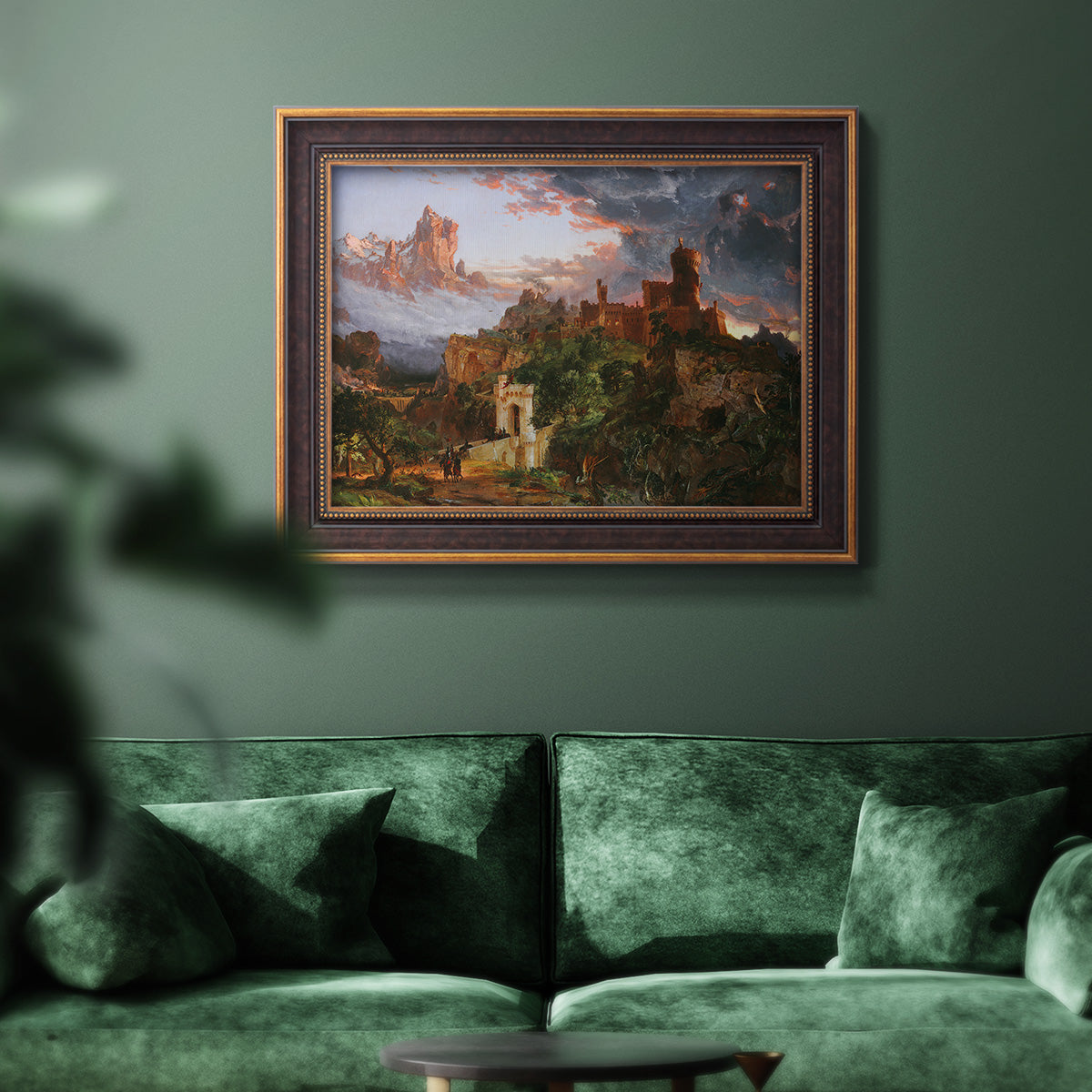 Romantic allegorical landscape painting by Jasper Francis Cropsey in an ornate bronzed mahogany wood frame displayed in a dark-toned interior setting.