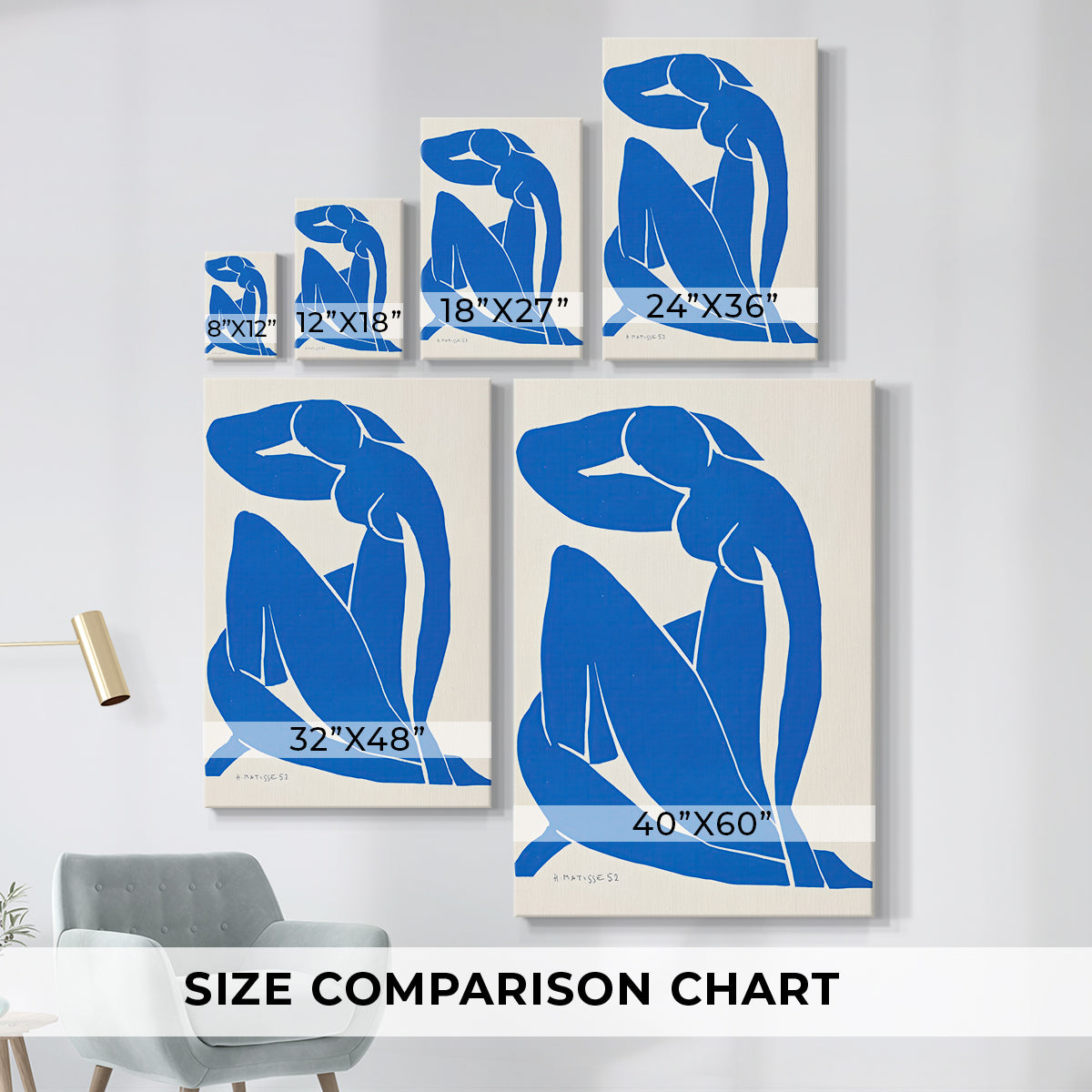 Size comparison chart for canvas art prints, showing multiple size options.