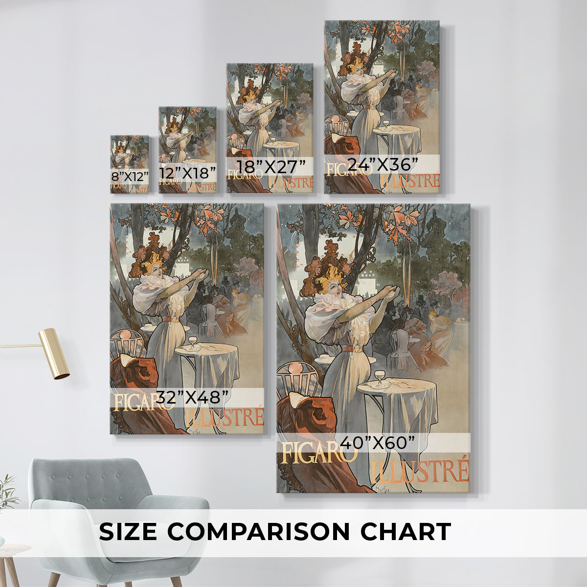 Size comparison chart for canvas art prints, showing multiple size options.