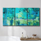 Three-panel canvas wall art featuring abstract river composition with movement, displayed in a bathroom above a bathtub.