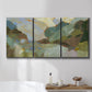 Three-panel canvas wall art featuring abstract landscape suggesting travel pause, displayed in a bathroom above a bathtub.