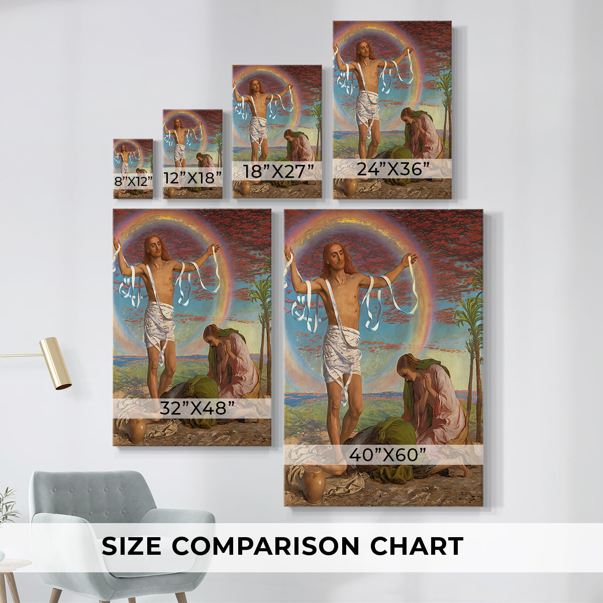 Size comparison chart for canvas art prints, showing multiple size options.