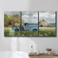 Three-panel canvas wall art featuring vintage blue truck with flower load, displayed in a bathroom above a bathtub.