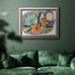 Bold modern botanical illustration in an ornate vintage silver frame displayed in a dark-toned interior setting.