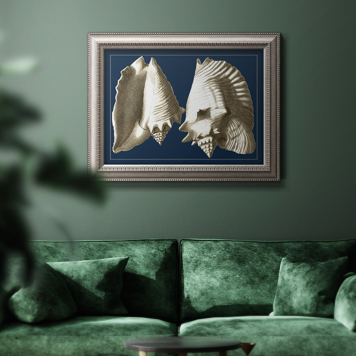 Vintage conch shell illustration on navy background in an ornate vintage silver frame displayed in a dark-toned interior setting.