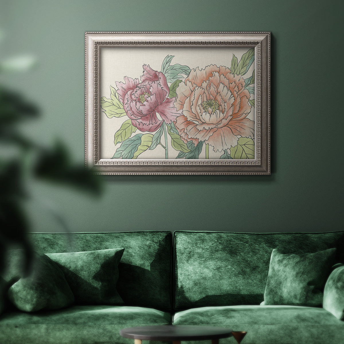 Modern peony floral drawing in an ornate vintage silver frame displayed in a dark-toned interior setting.