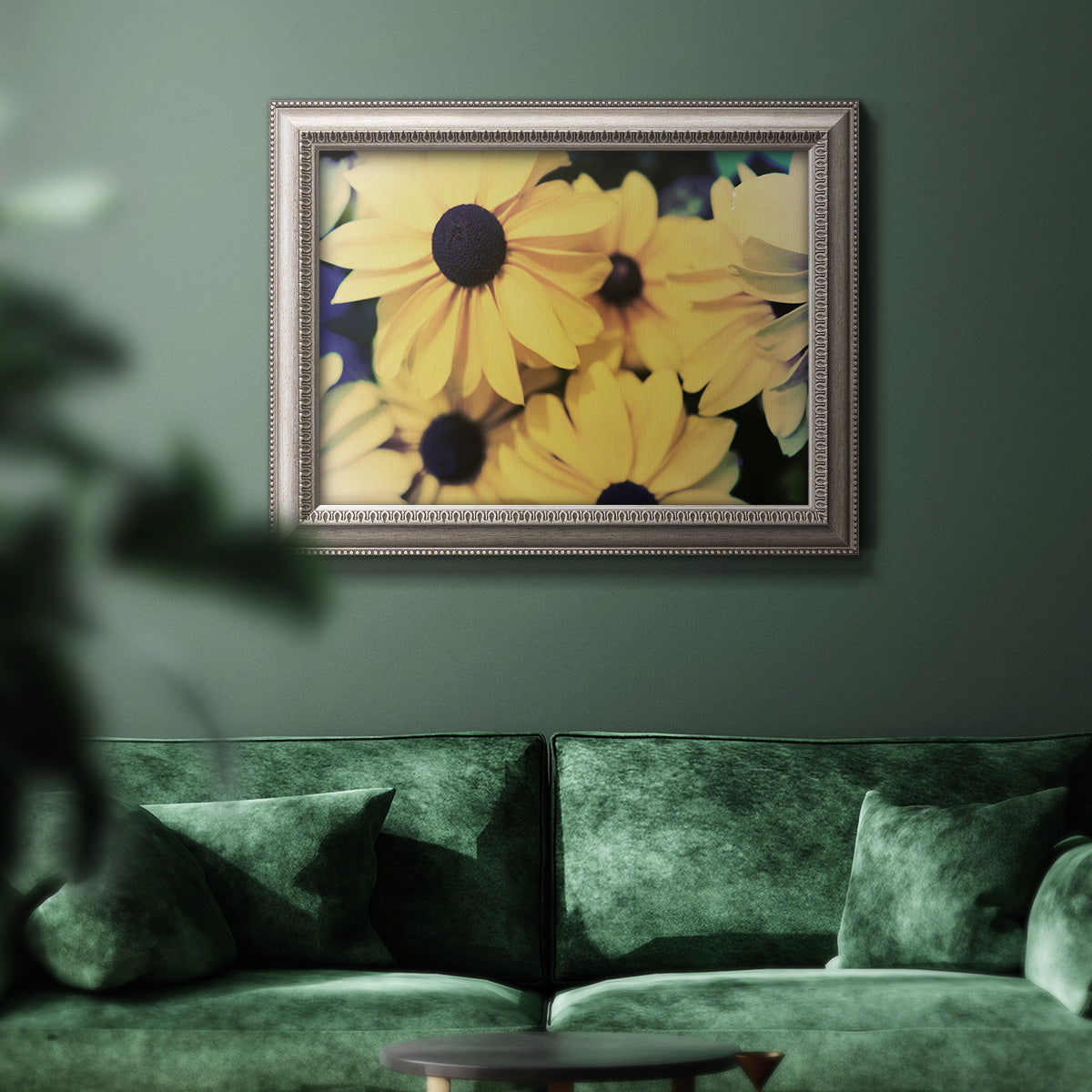 Contemporary black-eyed Susan floral photography in an ornate vintage silver frame shown in multiple size options.