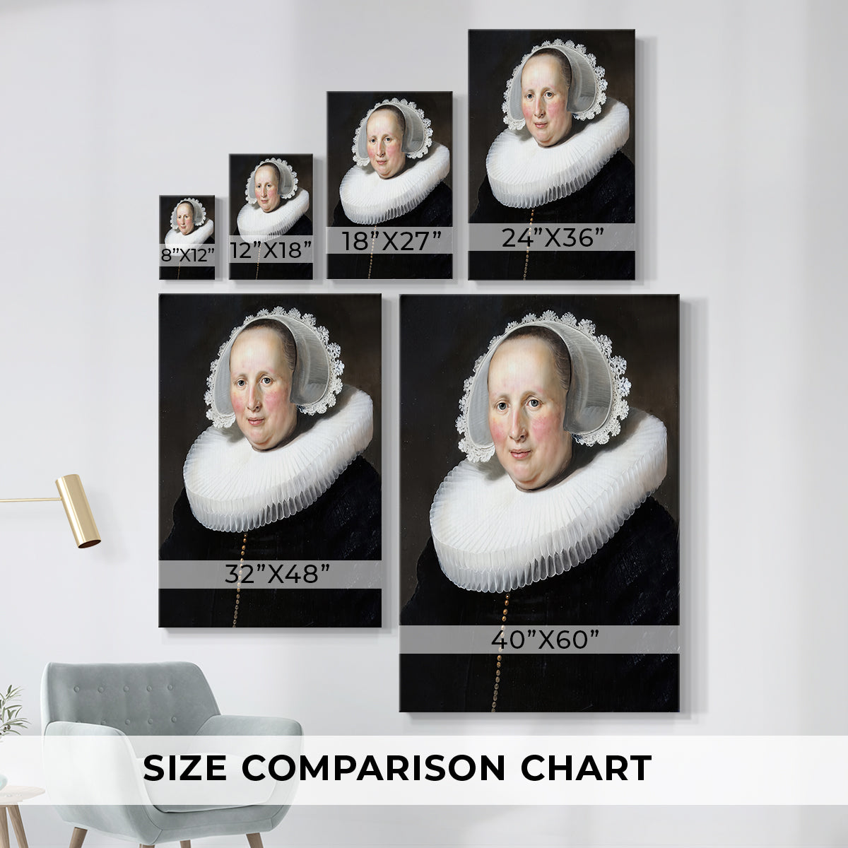 Size comparison chart for canvas art prints, showing multiple size options.