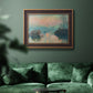 Impressionist winter river sunset scene by Claude Monet in an ornate bronzed mahogany wood frame displayed in a dark-toned interior setting.