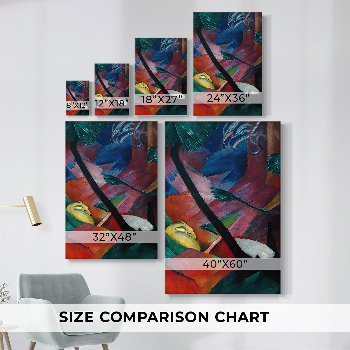 Size comparison chart for canvas art prints, showing multiple size options.