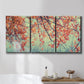 Three-panel canvas wall art featuring autumn foliage landscape photograph, displayed in a bathroom above a bathtub.