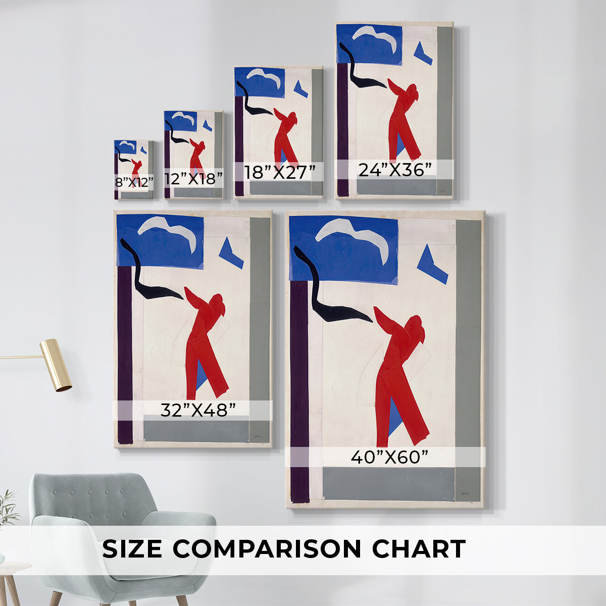 Size comparison chart for canvas art prints, showing multiple size options.