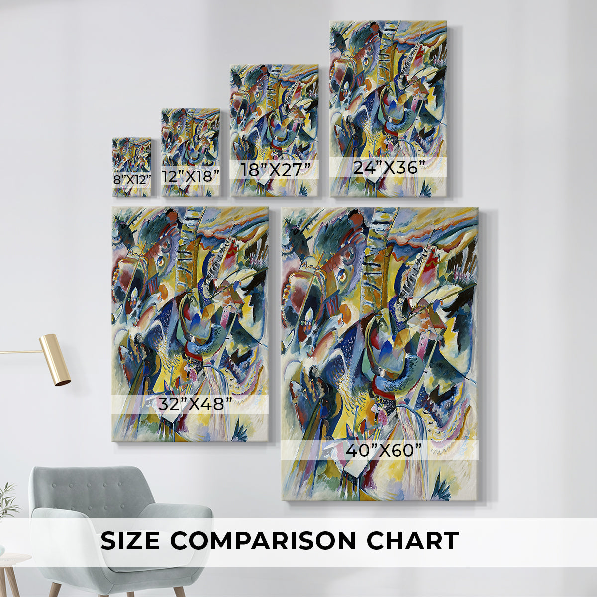 Size comparison chart for canvas art prints, showing multiple size options.