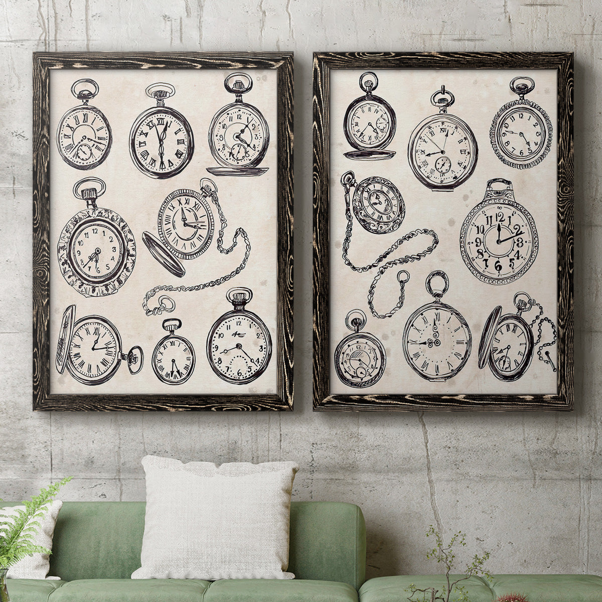 Pocket Watch Sketches I - Premium Framed Canvas 2 Piece Set - Ready to Hang