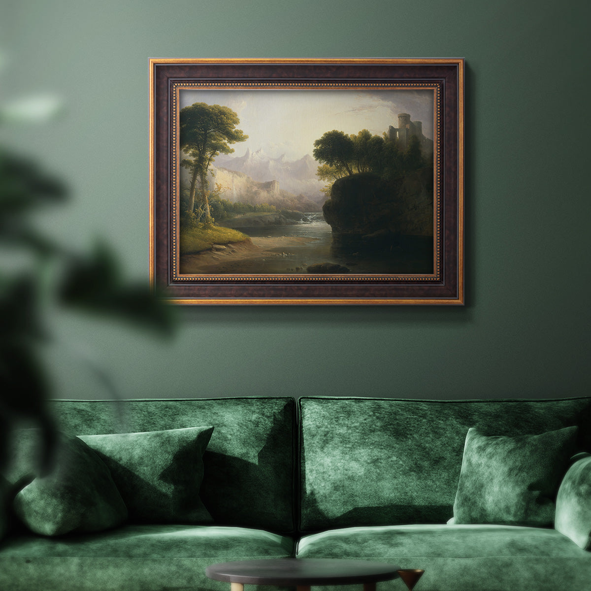 Romantic autumn landscape along the Hudson River by Thomas Doughty in an ornate bronzed mahogany wood frame displayed in a dark-toned interior setting.