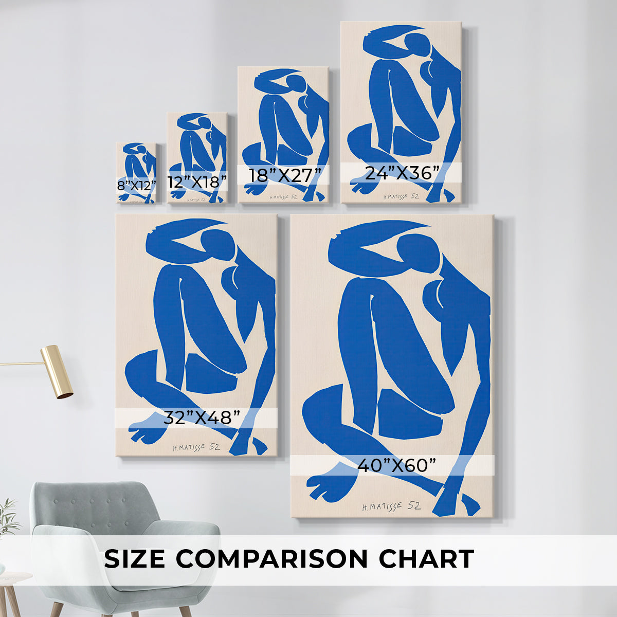 Size comparison chart for canvas art prints, showing multiple size options.