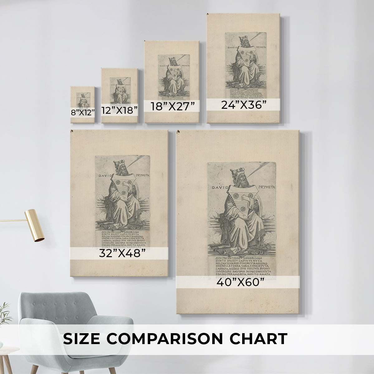 Size comparison chart for canvas art prints, showing multiple size options.