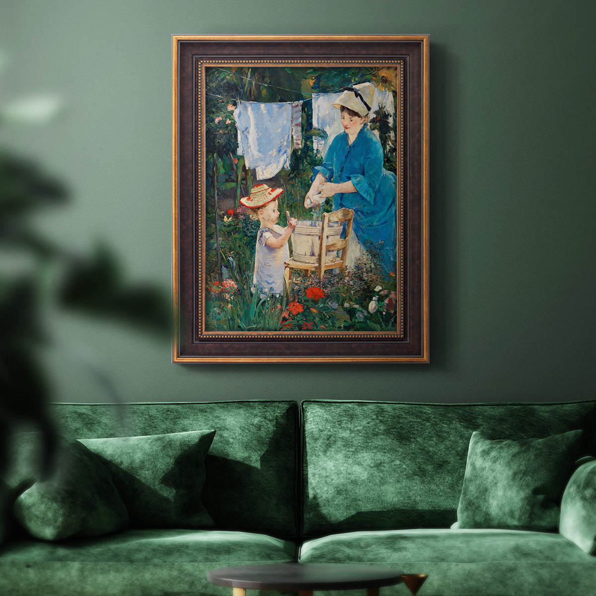 Intimate domestic genre scene by Édouard Manet in an ornate bronzed mahogany wood frame displayed in a dark-toned interior setting.