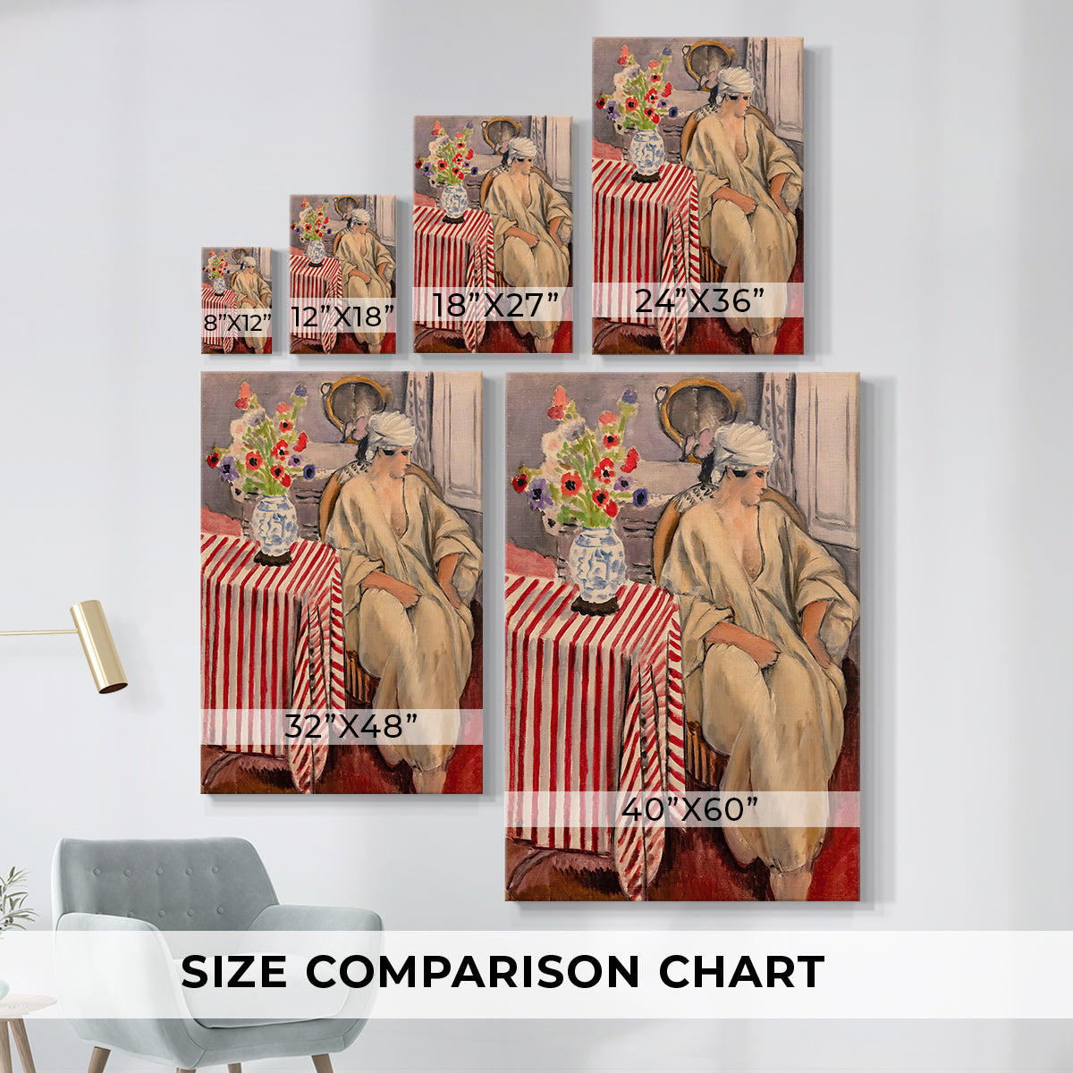Size comparison chart for canvas art prints, showing multiple size options.