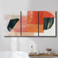 Three-panel canvas wall art featuring bold pink mid century abstract portal, displayed in a bathroom above a bathtub.