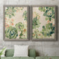 Set of two gray barnwood framed canvas prints depicting a coordinated art pair of dense repeating succulents and small flowers rendered as decorative botanical pattern prints above a sofa in a modern living room.