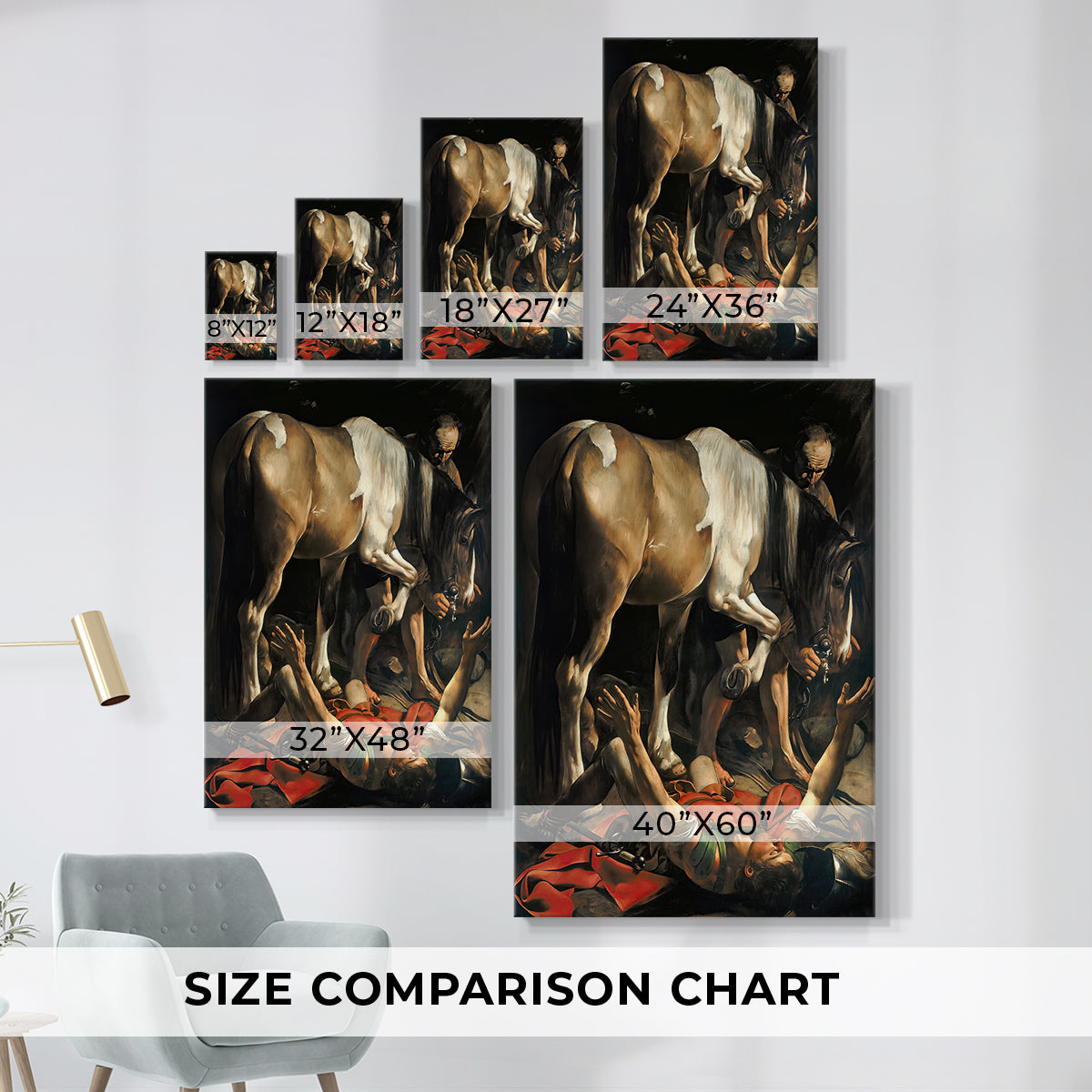 Size comparison chart for canvas art prints, showing multiple size options.